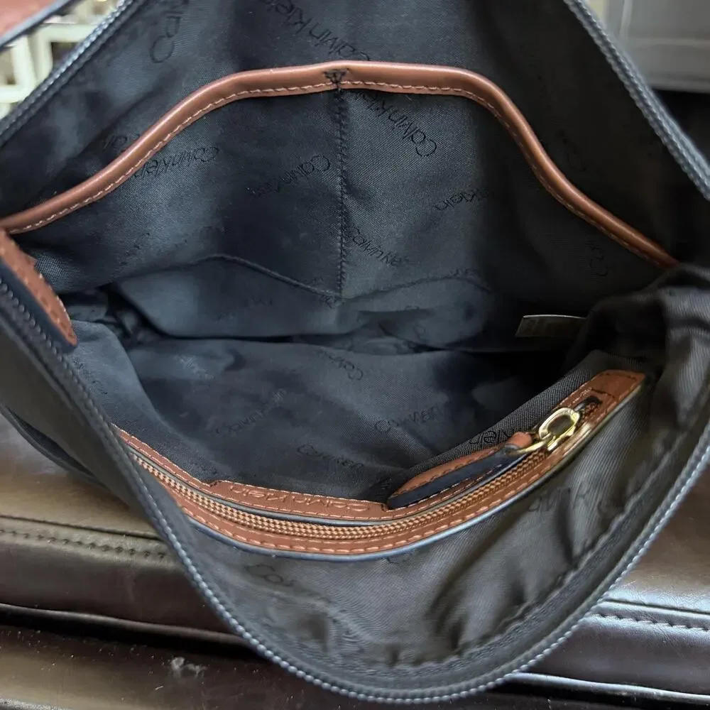 Calvin Klein Crossbody Bag Womens Medium Black Nylon Brown Trim Zip Pocket